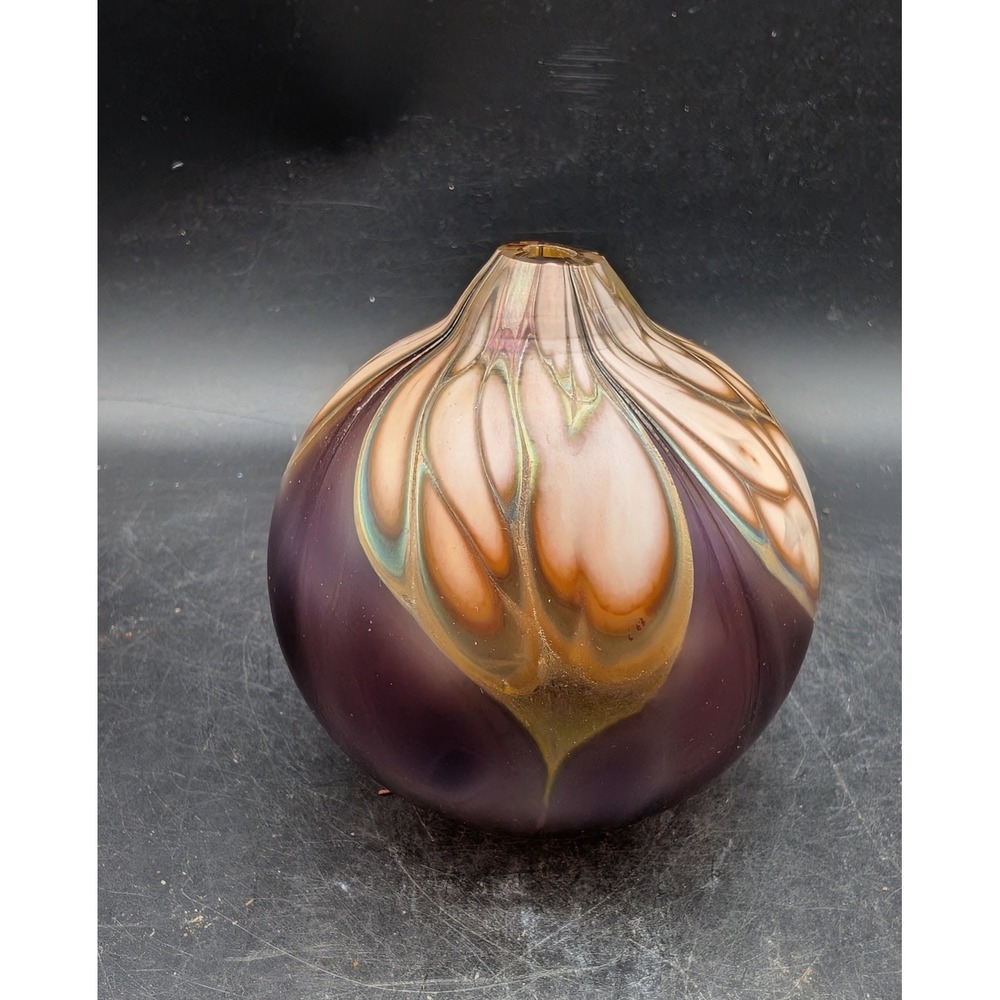 Studio Art Glass Iridescent Pulled Feather Oil Lamp Base Amethyst Gold Blown